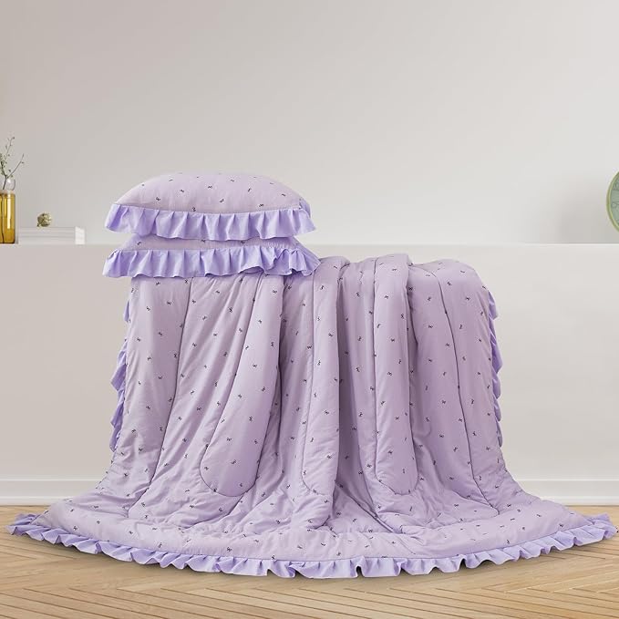 A Nice Night Delicate Bows Print On Purple Background Bedding Set,Ruffle 6 Piece Bed in a Bag Matching Sheet Set,Princess Style Chic Bowknot Printed,Queen