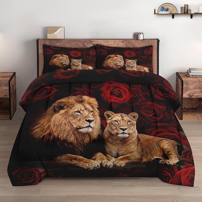 Queen Size Comforter Set with 2 Pillowcases, Lion Family Soft 3 Pcs Bedding for Kids and Adults Bedroom Bed Decor