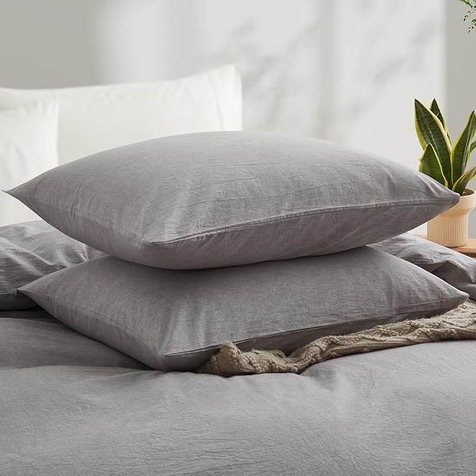 LOVQUE Light Grey Cotton Duvet Cover King Size, Linen Like Natural Bedding Set with Zipper Closure (No Comforter), 104x90 Inches
