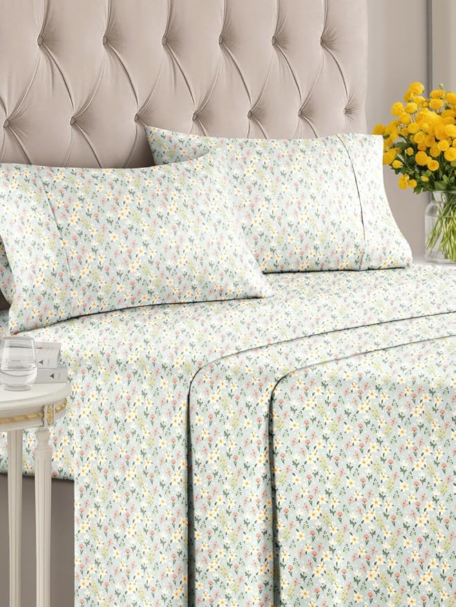 Floral Sheets - Flower Print Bed Sheet Set - 1 Flat, 1 Fitted & 2 Pillowcases w/ Deep Pockets - Comfy, Cozy, Wrinkle & Fade Free - Boho Botanical Bedding - Soft, Breathable & Cooling - Queen Size Set