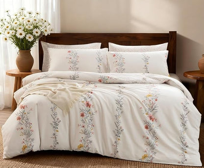 SLEEPBELLA Duvet Cover Queen, 600 Thread Count Cotton Red & Yellow Floral Pattern Flower Reversible Comforter Cover(Queen, White Floral)