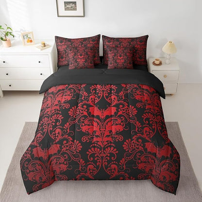 Erosebridal Gothic Damask Bed in a Bag King Size Comforter Set 7 Pieces,Halloween Bat Bedding Sets Red Black Victorian Floral Goth Sheet Set with Comforter
