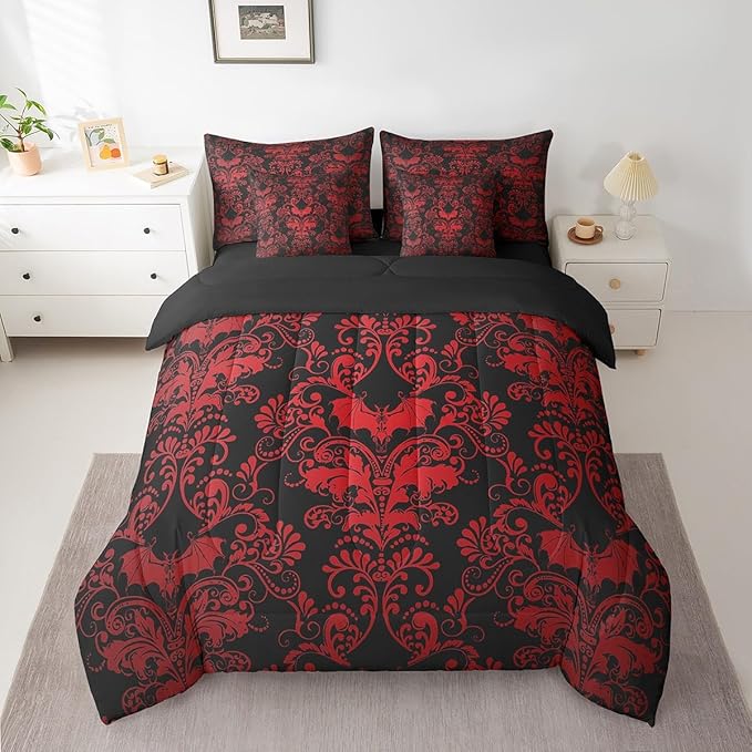 Erosebridal Gothic Damask 7 Piece Comforter Set Full Bed in a Bag,Halloween Bat Bedding Sets Red Black Victorian Floral Goth Sheet Set with Comforter