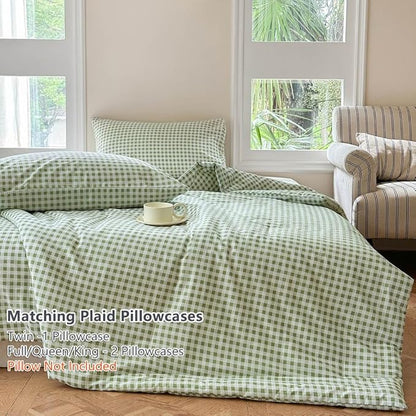 NSNLGSGC Sage Green Gingham Cotton Comforter Set King, 100% Washed Cotton Green Plaid Checked Comforter Bedding, 3 Pieces Vintage Farmhouse Grid Bedding Set(Sage Green Gingham, King)