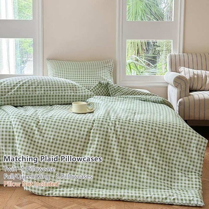 NSNLGSGC Sage Green Gingham Cotton Comforter Set Queen, 100% Washed Cotton Green Plaid Checked Comforter Bedding, 3 Pieces Vintage Farmhouse Grid Bedding Set(Sage Green Gingham, Queen)