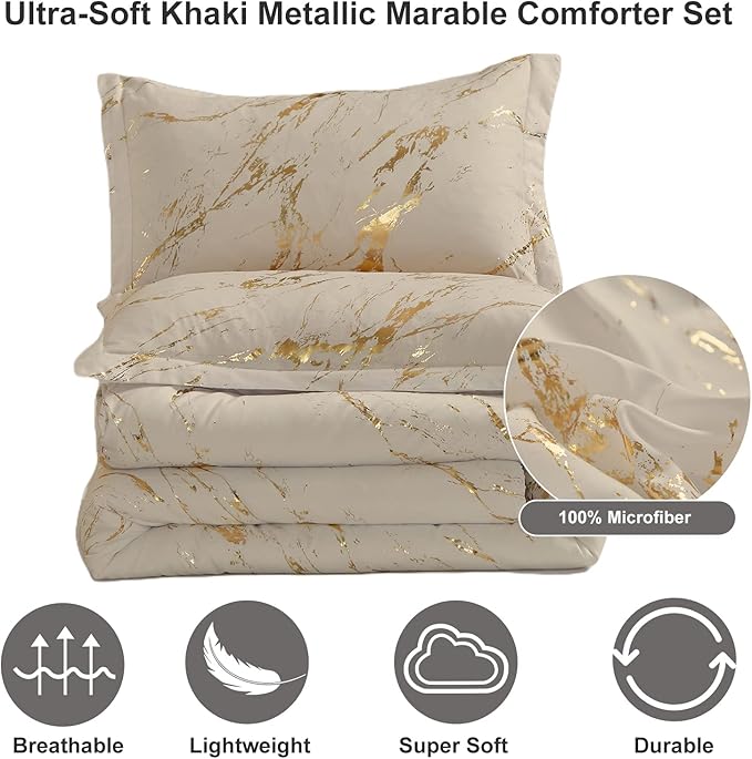 WONGS BEDDING Khaki Gold Metallic Marble Comforter Set King Foil Print Glitter Bedding Sets with 2 Pillowcases for All Seasons, Soft Microfiber Bedding Set 103"x90"