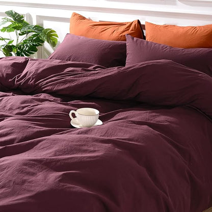 NEXHOME PRO Duvet Cover Set 100% Washed Cotton Oversized Queen 98"x98", Organic Natural Linen Look Textured 3 Pieces Bedding Set Burgundy Dark Red with Zipper Closure, Breathable (No Comforter)