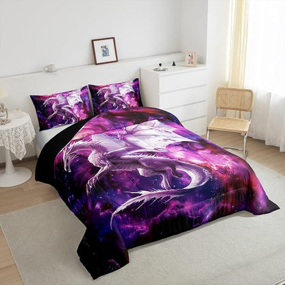 Flying Dragon Bedding Set Full Size,Galaxy Outer Space Comforter Set for Kids Boys Teens Adults Room Decor,Starry Sky Western Magical Animal Duvet Insert 3Pcs,Nebula Glitter Quilt Set,2 Pillowcases