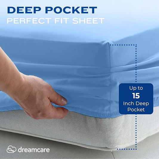 DREAMCARE Full Size Sheets - Cooling Bed Sheets - 4pcs Set - up to 15" Deep Pocket Full Sheet Set - Sheets Full Size Bed - Soft & Long Lasting 100% Fine Brushed Polyester with Side Pocket - LightBlue