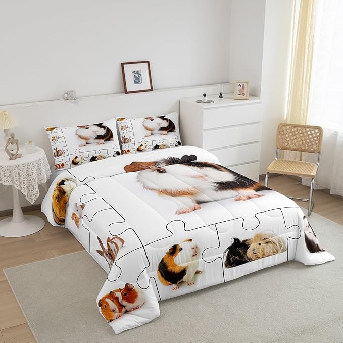 Castle Fairy Guinea Pig Queen Size Comforter Set,Lovely Animals 3D Cavy Down Alternative Comforter Adults Bedroom Decor,Cute Guinea Pigs Pet Ultra Soft Inner Fill 3Pcs Bedding