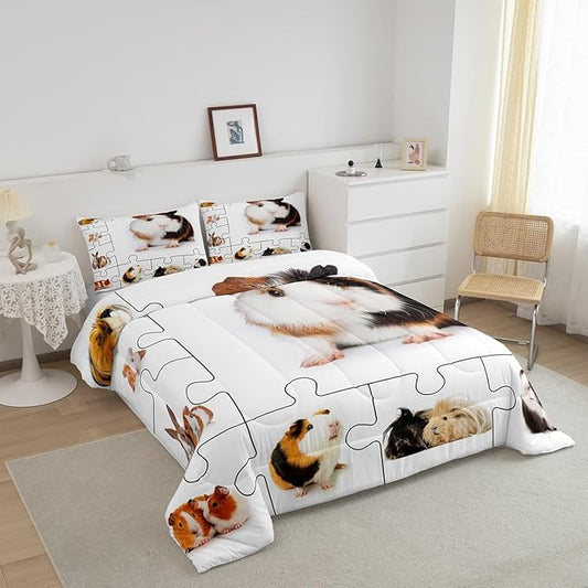 Guinea Pig Twin Size Down Comforter Set,Lovely Animals 3D Cavy Duvet/Quilt Set Soft Bed Collection,Cute Guinea Pigs Pet Bedding Comforter for Boys Girls Bedroom,2 Pcs