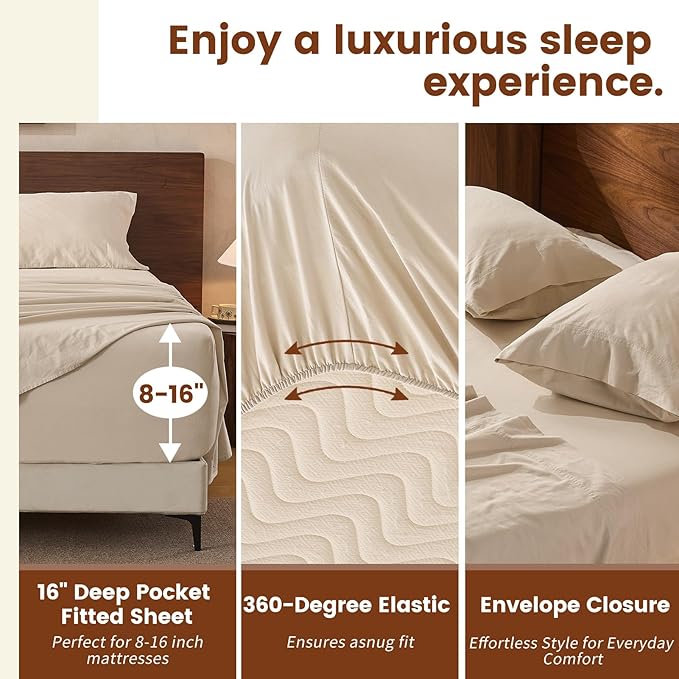 100% Linen Sheets Queen Size,Breathable & Durable 4-Piece Bed Flax Sheet Set,Soft All-Season Bedding for Hot Sleepers 16" Deep Pocket Oeko-TEX Certified,（Queen, Linen）