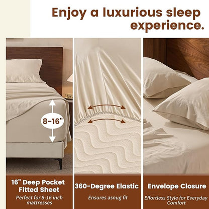 100% Linen Sheets Queen Size,Breathable & Durable 4-Piece Bed Flax Sheet Set,Soft All-Season Bedding for Hot Sleepers 16" Deep Pocket Oeko-TEX Certified,（Queen, Linen）