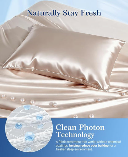 Elegear Cooling Pillow Cases for Hot Sleepers, Upgraded Arc-Chill Cooling Satin Pillowcase Q-max>0.5, Silky Satin Pillowcase for Hair & Skin, Luxury Zipper Pillowcase Cover Set of 2-King,Champagne