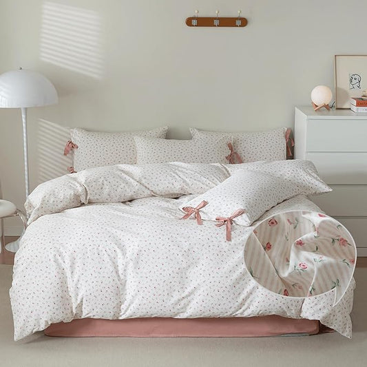 VM VOUGEMARKET White Pink Comforter Set Full with Flower Stripes Prints,1 Fluffy Comforter with 2 Pillowcases Soft Comfy Bedding Comforter Set for All Seasons-80 x90