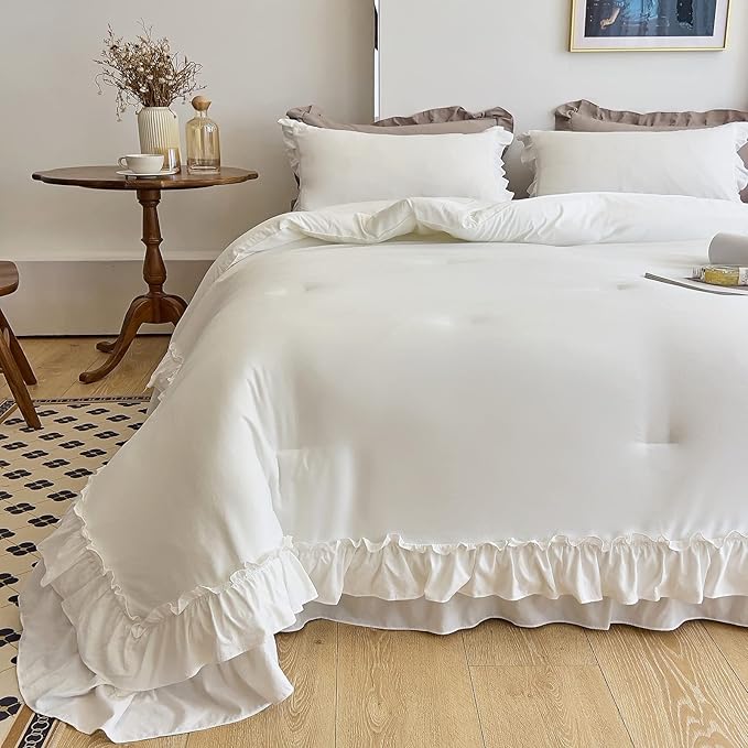 AIKASY White Comforters Twin Size Set, Vintage Boho Chic Farmhouse Bedding Sets Shabby Ruffle Queen Bed Comforter Bedding 3PCS（1 Comforter and 2 Pillowcases）