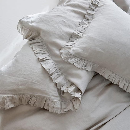 Simple&Opulence 100% Linen Duvet Cover Set, 3 PCS Natural French Flax Light Grey Ruffle Duvet Cover Queen Size, Breathable Comfy Linen Bedding Comforter Cover with 2 Pillowcases(Light Grey, 88" X 92")