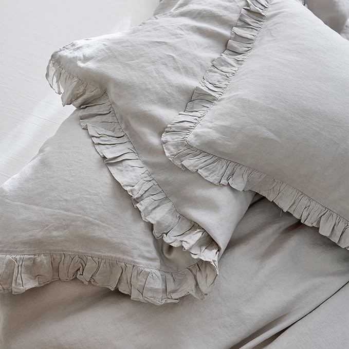 Simple&Opulence 100% Linen Duvet Cover Set, Natural French Flax Light Grey Ruffle Duvet Cover Twin Size, Breathable Comfy Linen Bedding Comforter Cover with 1 Pillowcase (Light Grey, 68" x 86")