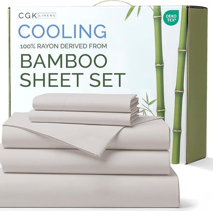 Bed Sheets Split King Size - Cooling Sheets for Split King - 100% Rayon Derived from Bamboo - Ultra Soft Hotel Luxury Bedding - 1 Flat, 1 Fitted & 2 Pillowcases w/ 16 Inch Deep Pockets - Light Grey