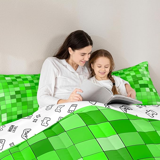 Manfei Geometric Grid Kids Comforter Set Full Size,Patchwork Square Video Games Bedding Set,Boys Room Decor,Gradient Gaming Quilt Comforter,Green Duvet Set Bedroom Quilt Set,2 Pillowcases