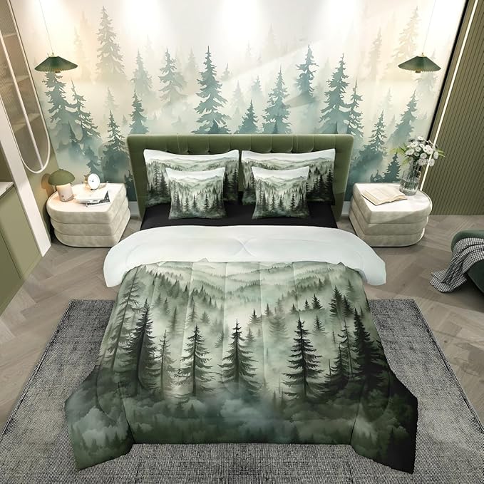 Erosebridal Smoky Mountain Bedding Set King Nature Forest Green Comforter Set 7 Piece Rustic Woodland Botanical Pine Tree Bed in A Bag for Kids Adults Natural Jungle Plants Sheet Set with Comforter