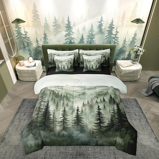 Erosebridal Smoky Mountain Bedding Set Queen Nature Forest Green Comforter Set 7 Piece Rustic Woodland Botanical Pine Tree Bed in A Bag for Kids Adults Natural Jungle Plants Sheet Set with Comforter