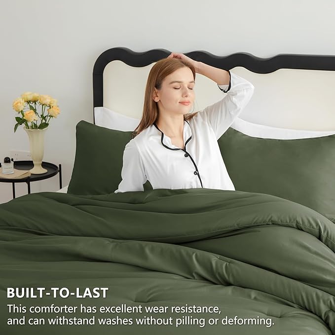 CozyLux Queen Comforter Set Olive Green, 3 Pieces Solid Comforters Queen Size Breathable Bedding Sets, Luxury Soft Lightweight Bed Set with Down Alternative Comforter and 2 Pillowcases All Seasons