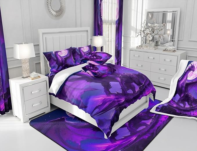 Purple Dragon Comforter Set Queen Size,3D Moon Starry Sky Glitter Bedding Set for Kids Boys Girls Room Decor,Flying Magical Dragon Trippy Duvet Insert 3Pcs,Wild Animal Print Quilt Set,2 Pillowcases