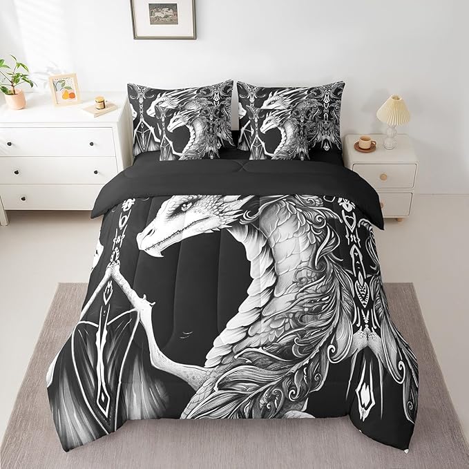 Erosebridal 3D Dragon Bed in a Bag Queen Comforter Set 7 Piece,Vintage Gothic Black and White Dragon Bedding Sets Antique Wildlife Mythical Animal Sheet Set with Comforter