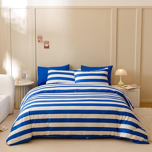 Houseri Blue Striped Comforter Set Full 3 Piece White and Blue Bedding Full Size Lightweight Modern Stripes Bed Set Soft Comfy Quilt Blanket Full