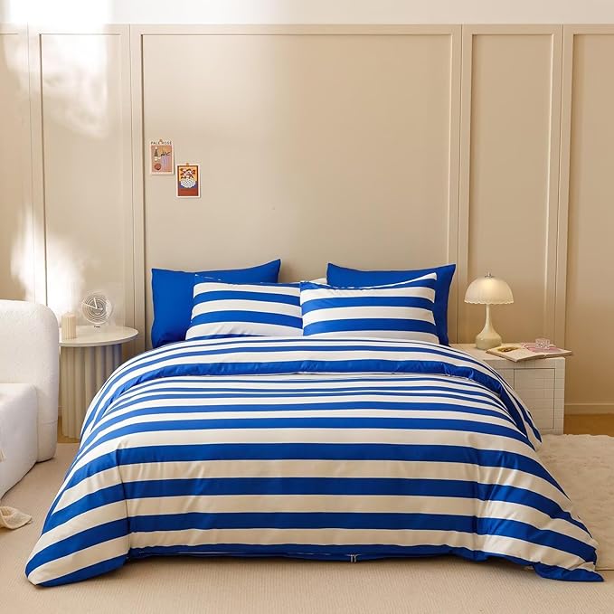 Houseri Blue and White Striped Comforter Set California King 3 Piece Blue Stripes Bedding Cal King Size Lightweight Bed Set Soft Comfy Quilt Blanket Cali King