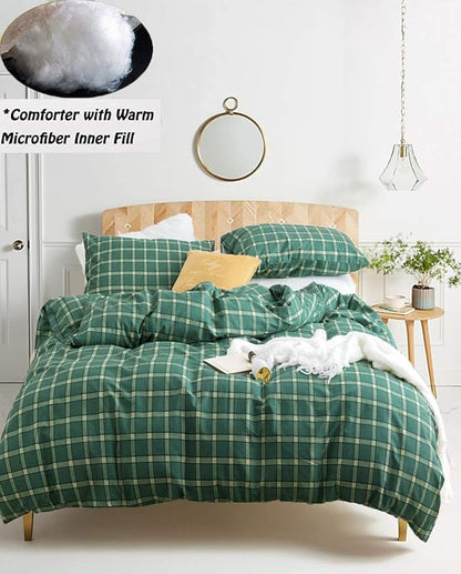 Houseri Plaid Comforter Set King Size - Emerald Green Bedding Set with Buffalo Checkered Pattern - Dark Green Comforter and Blankets