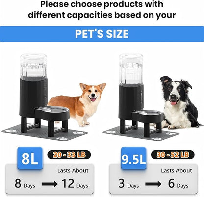 CZPET Elevated Dog Water Bowl Dispenser with Mat (9.5L+Stand+Mat,Black) | With Stainless Steel Bowl Gravity Waterer, Large Capacity and Drinking Area Noise-Free for Pets