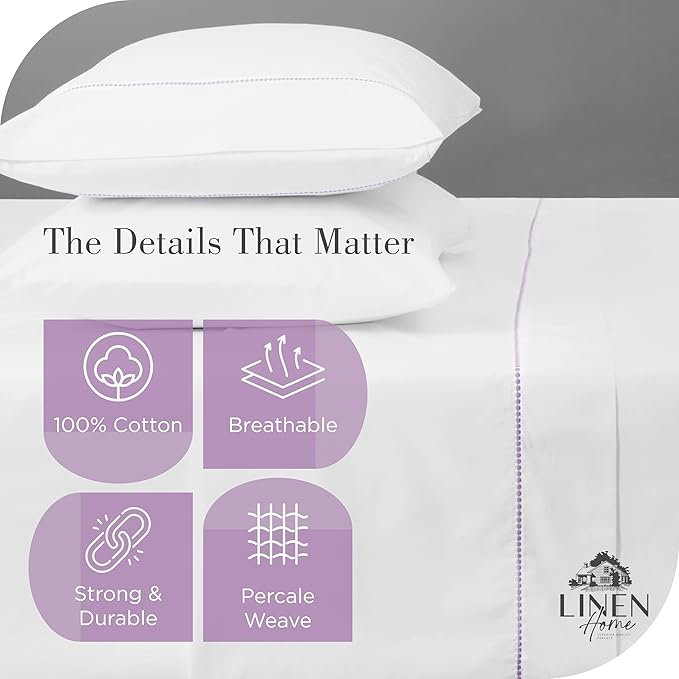 Linen Home 100% Cotton Percale Pearl Stitch Pillowcases Queen/Standard Size, Mauve Lavender, 2 Pieces of Pillow Case, Crisp and Cool Strong Bed Linen, 20 inches X 30 inches