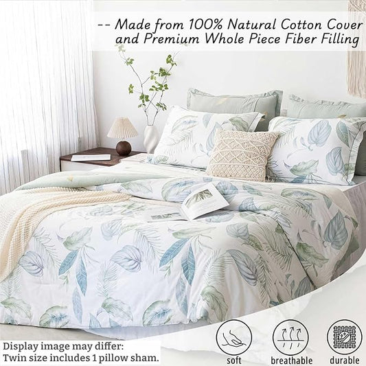 Botanical Cotton Comforter Twin Size - Sage Green Comforter Printed with Leaves & Ferns on White,Reversible Lightweight Bedding Sets 2Pcs(Leaves,68"×90")