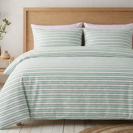 Bedbay Sage Green Striped Duvet Cover Set Queen Size, 100% Cotton Sateen Bedding Set, Silky Soft Breathable 3 Piece Farmhouse Minimalist Bedding for All Seasons