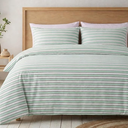 Bedbay Sage Green Striped Duvet Cover Set King Size, 100% Cotton Sateen Bedding Set, Silky Soft Breathable 3 Piece Farmhouse Minimalist Bedding for All Seasons