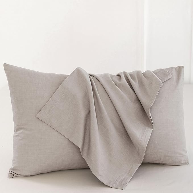 MooMee Bedding Pillowcases Pack of 2 100% Washed Cotton Linen Like Textured Breathable Durable Soft Comfy (Heathered Brownish Grey, Queen)