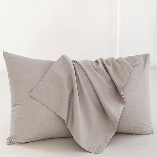 MooMee Bedding Pillowcases Pack of 2 100% Washed Cotton Linen Like Textured Breathable Durable Soft Comfy (Heathered Brownish Grey, Queen)