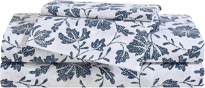 Eddie Bauer - Queen Sheet Set, Premium Cotton Percale Bedding Set, Floral Home Decor, Oeko-Tex Certified (Woodblock Floral Blue, Queen)