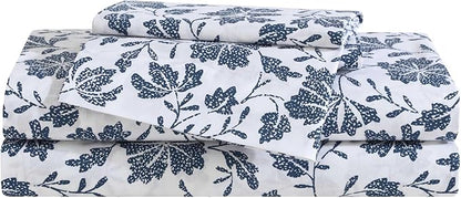 Eddie Bauer - Full Sheet Set, Premium Cotton Percale Bedding Set, Floral Home Decor, Oeko-Tex Certified (Woodblock Floral Blue, Full)