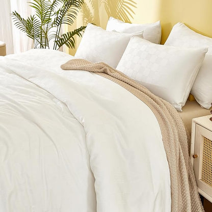 Plaid Queen Comforter Set White - Waffle Checkered Soft Shabby Chic Bedding, All-Season Lightweight Breathable with 2 Pillowcases