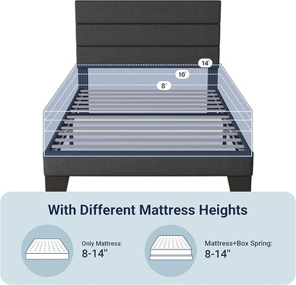 Allewie Twin Size Platform Bed Frame with Fabric Upholstered Headboard Gray | Wooden Slats Support, Fully Upholstered Mattress Foundation, No Box Spring Needed, Easy Assembly, Noise-Free, Dark Grey