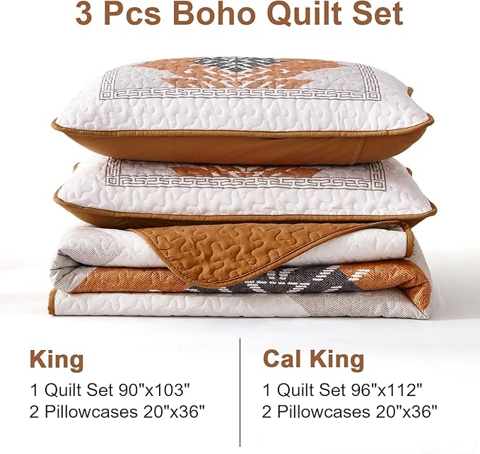 Dintszyayue Burnt Orange Quilt Set Boho California King Size,3 Piece Aztec Texture Bedspread Coverlet Set Soft Lightweight Bedding Set Terracotta Quilt with 2 Pillowcases(Terracotta,96"x112")