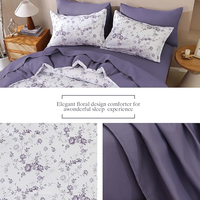 Luxudecor Floral Queen Comforter Set 7 Pieces Bed in a Bag, Purple Rose Romantic Flower Bed Set, Soft Reversible Comforter with Sheet Set 90"x90"
