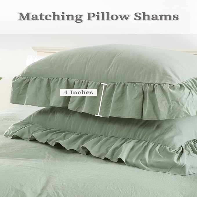Ruffle Duvet Cover Queen Size, 3PCS Soft Washed Microfiber Vintage French Country Duvet Cover Set for Queen Bed, Sage Green, 90x90 in