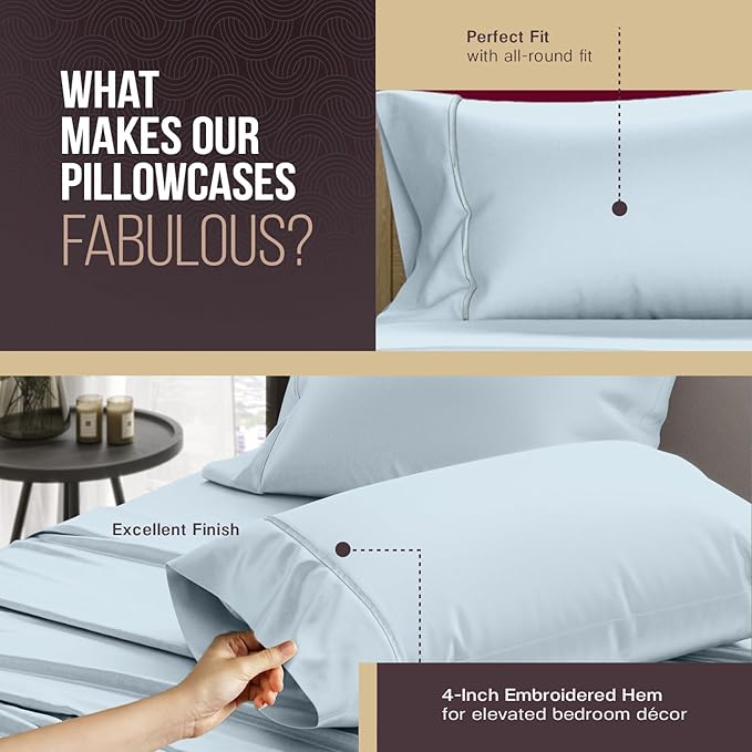 TEXAS LINEN CO. 100% Egyptian Cotton Pillowcases Queen Size Set of 2 - Luxury 2000 Series Standard/Queen Pillow Cases, Soft, Envelope Closure Hotel Quality Pillowcase (21 x 32, Light Blue)