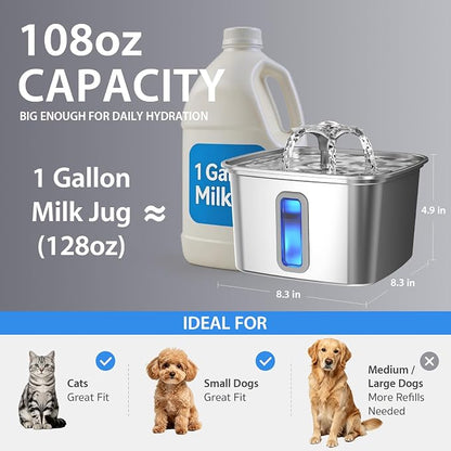 Veken Innovation Award Winner Stainless Steel Cat Water Fountain, 108oz | Automatic Pet Fountain Dog Water Dispenser with 3 Replacement Filters & Silicone Mat, Gifts for Cats, Dogs (Silver)