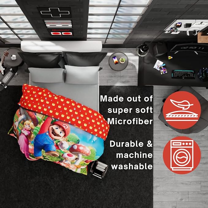 The Super Mario Bros. Movie Kids Bedding Super Soft Microfiber Reversible Comforter, Twin/Full Size 72" x 86", (100% Official Licensed Product) by Franco