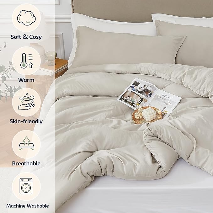 Twin Comforter Set Oatmeal,2PCS Soft Lightweight Breathable Bedding Comforter Sets for All Season, Twin Size(68''×90'' Comforter & 1 Pillowcase)